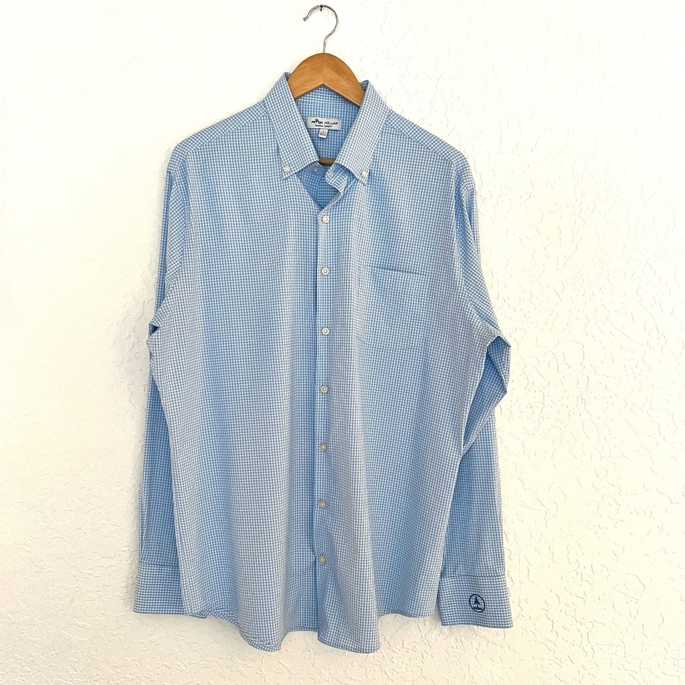 Men Dress Shirt, Peter Millar, Large, Blue & White Gingham Small Check